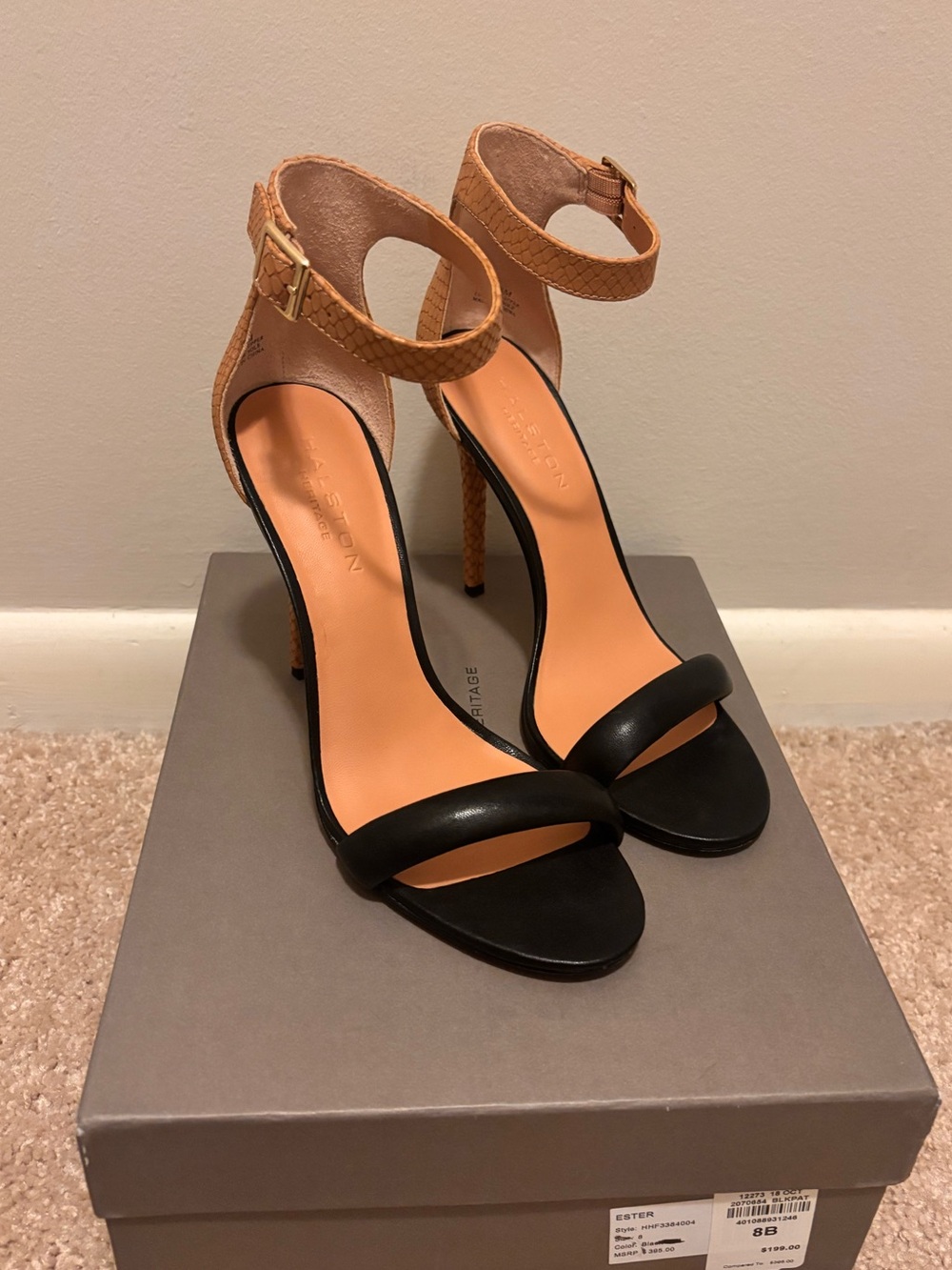 Halston Hetitage Two-Tone Black and Tan Ankle-Strap Stiletto Sandals